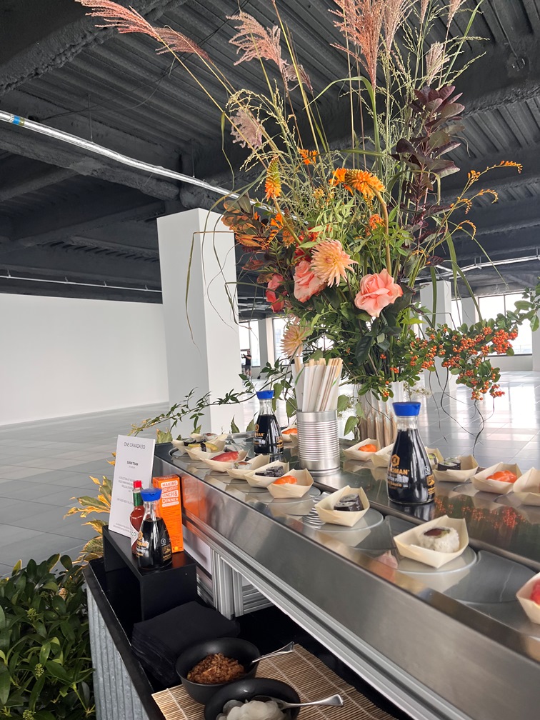 Sushi conveyor belt in action